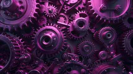 A 3D composition of clockwork gears, sprockets and robotic limbs on a matte black background, with a focus on an industrial arrangement and mechanical textures - obrazy, fototapety, plakaty