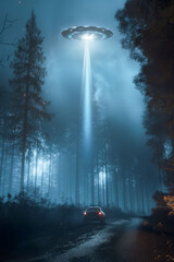 A UFO floating in the sky abducts people from a car using its light beam