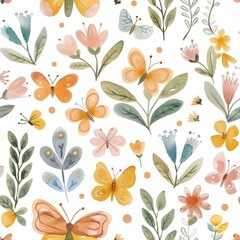 A vibrant seamless pattern featuring colorful butterflies and flowers, perfect for textiles, wallpapers, and spring-themed designs, exuding freshness and nature's beauty.