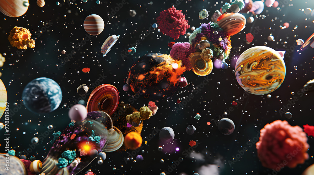 Poster a 3d render of an abstract floating composition made up of various objects like planets and asteroid