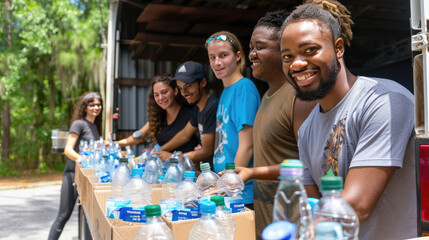 Group of Volunteers Smiling while Organizing Water Supply for Aid DistributionGroup of Volunteers Smiling while Organizing Water Supply for Aid Distribution