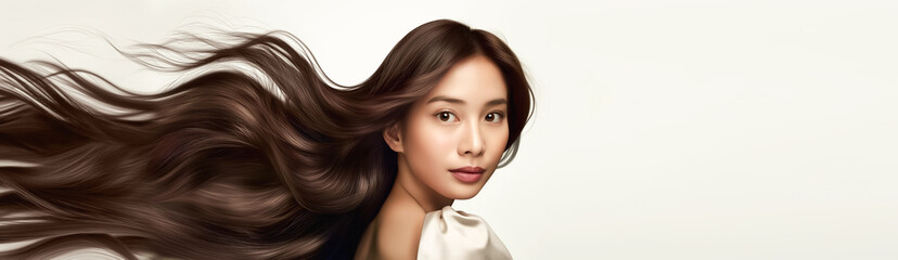 Front View Portrait of Young Asian Woman with Windswept Brown Hair Against a White Background