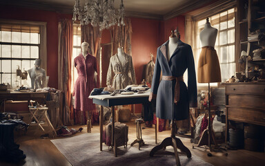 Interior of fashion designer studio room with various sewing items, fabrics and mannequins standing - Powered by Adobe