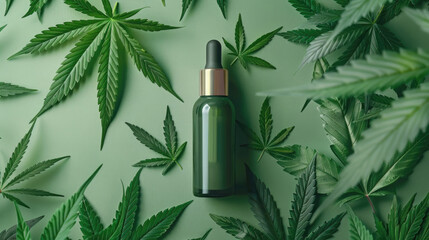 CBD infused skincare oil, minimalist design bottle against a soft green background, scattered cannabis leaves around, highlighting the natural ingredient