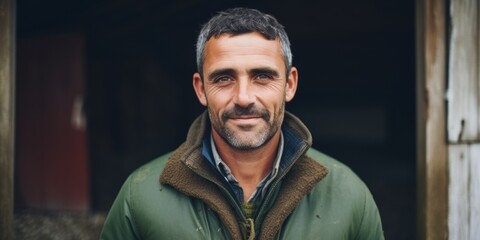 Obraz premium A portrait of a male farmer in overalls stands near his farm. Generative AI.