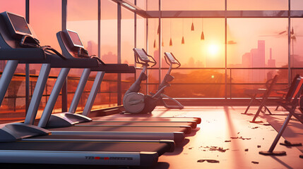 Empty gym with treadmills with large window with sunset view in background 