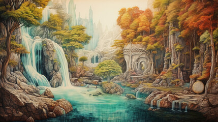 Enchanting waterfall cascading over mossy rocks, reminiscent of a magical realm