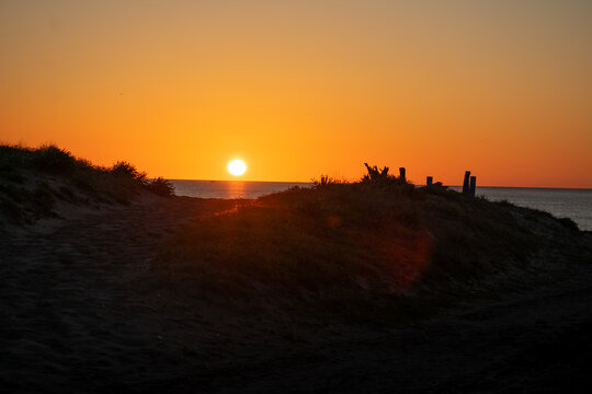 sunrise on virgin beach of the coast of cadiz, andalusia