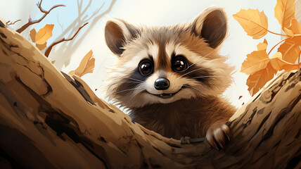 A whimsical cartoon logo of a curious raccoon peeking out of a tree trunk.