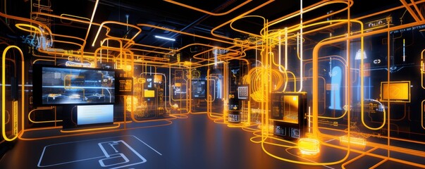 Fototapeta premium Envision a vibrant futuristic cityscape adorned with orange and blue buildings, intricately connected by a web of pipes and wires, symbolizing the nexus of technology and urban living.