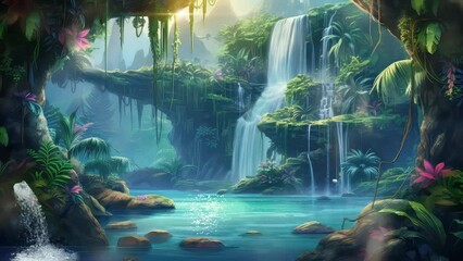 Animation natural waterfalls and rivers in the green forests seamless 4k video background. generated with ai