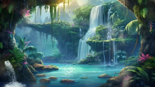 Animation natural waterfalls and rivers in the green forests seamless 4k video background. generated with ai