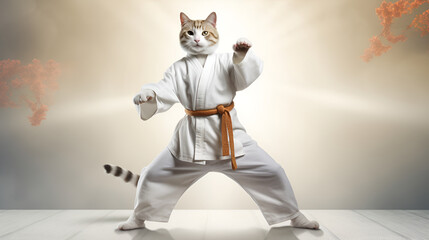 Cute and an adult cat in karate uniform striking a pose Dressed in dobok uniform with brown belt with white and orange color in background