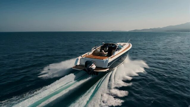 A boat speeds through the water, leaving a trail of white foam in its wake.