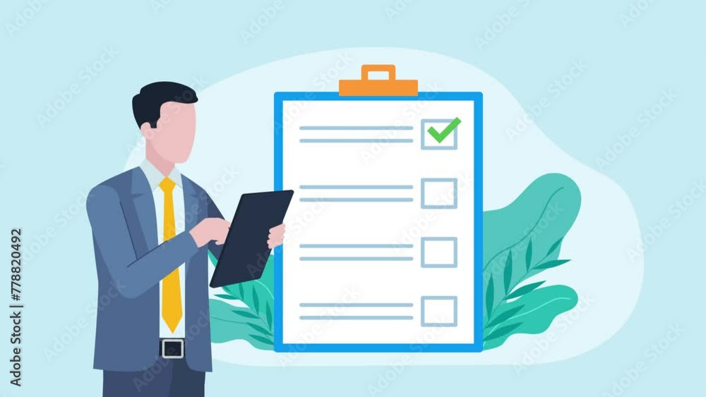 Poster video clip showing a businessman holding a tablet and filling out a survey. next to the man a chartb