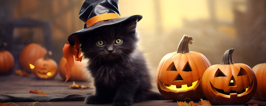 A Black Cat Wearing A Witches Hat Next To Pumpkins Halloween background Black cat wearing a moonless night hat
