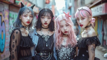 A group of Korean girls showcasing an eclectic mix of pastel goth and kawaii fashion, standing confidently on a vibrant, graffiti-filled street