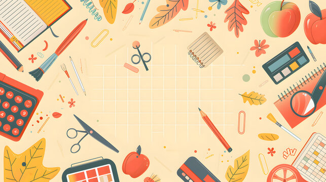 A cute flat cartoon vector background with school supplies