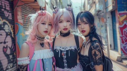 Fototapeta premium A group of Korean girls showcasing an eclectic mix of pastel goth and kawaii fashion, standing confidently on a vibrant, graffiti-filled street