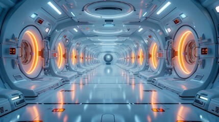 A futuristic space station with a long hallway and many windows