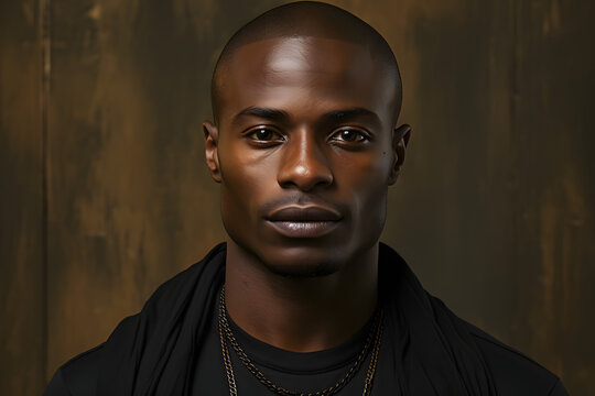 Bold and Confident Young African Man in black Dress, Simple Studio Background.
