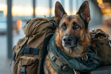 A vigilant German Shepherd dog equipped with tactical gear against an urban backdrop