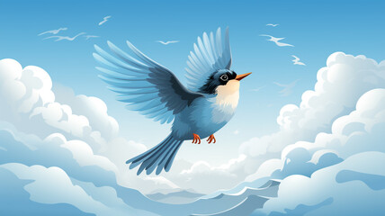 A whimsical logo icon of a flying bird on a clear blue sky with fluffy clouds background. - Powered by Adobe