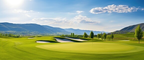 Experience the tranquility of a verdant golf course, its emerald green fields stretching beneath the clear blue sky, framed by towering trees.