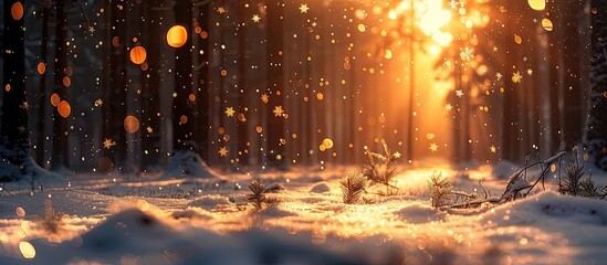 Golden Sunset Bokeh Light Blankets Snowy Forest in Romantic Atmosphere