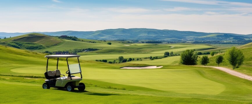 Enjoy a leisurely ride through a gorgeous golf course on a golf cart, taking in the tranquil scenery and pristine greens.