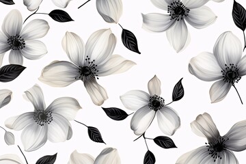 Black flower petals and leaves on white background seamless watercolor pattern spring floral backdrop - obrazy, fototapety, plakaty