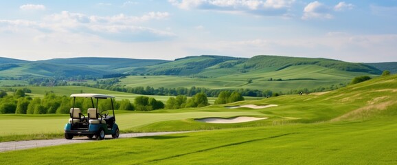 Fototapeta premium Enjoy a leisurely ride through a gorgeous golf course on a golf cart, taking in the tranquil scenery and pristine greens.