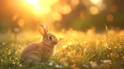Fototapeta na wymiar At sunrise, a bunny stretches in a dewy meadow, embodying the essence of new beginnings and hope.