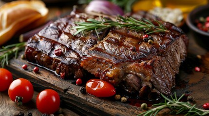 Grilled steak garnished with rosemary on a rustic wooden board surrounded by cherry tomatoes and spices