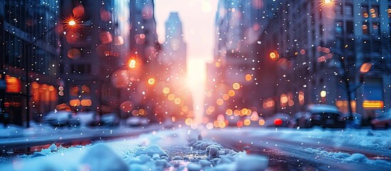 Tranquil Dusk Snowcovered Cityscape Bathed in Dreamy Bokeh Sunset Hues - obrazy, fototapety, plakaty