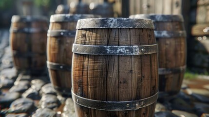 Naklejka premium Wooden barrels for wine in a row. Selective focus