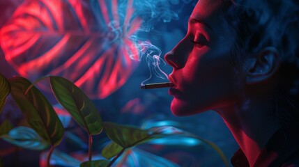 Fototapeta premium A surreal scene a cigarette standing amidst a philodendron's shadow, in a calm, abstract sci-fi setting. Minimalist and serene, with pops of color.