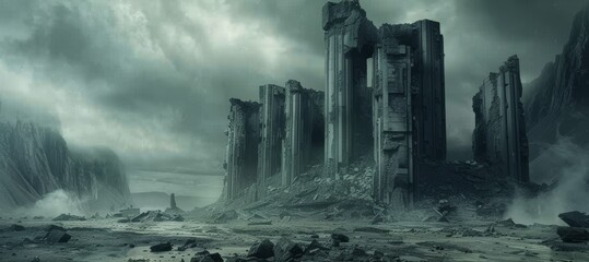 A post-apocalyptic world with deserted boutiques, pie-shaped ruins, and ominous skies. A haunting and catastrophic vision in a 169 raw style. - obrazy, fototapety, plakaty