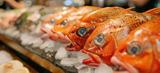 Explore the crispness of fresh fish presented atop ice, against a backdrop of icy coolness. - obrazy, fototapety, plakaty