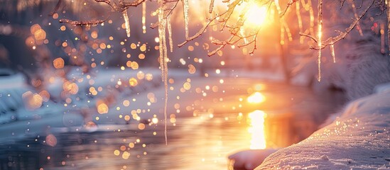 Ethereal Bokeh Sunset Illuminates SnowCovered Riverbank - obrazy, fototapety, plakaty