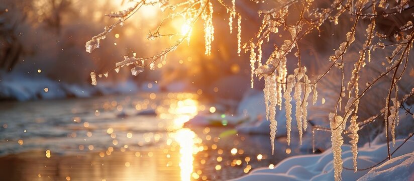 Ethereal Sunset Bokeh Illuminating Wintry Riverbank with Icicles