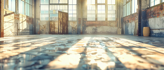 Desolate Industrial Warehouse, Aged and Rusty with Broken Windows, Sunlight Filtering Through
