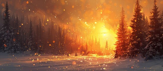 Breathtaking Sunset Bokeh Transforming Snowcovered Forest into an Orange and Gold Dreamscape