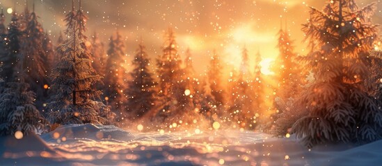 Breathtaking Sunset Painting SnowCovered Forest in Warm Orange and Gold Hues - obrazy, fototapety, plakaty