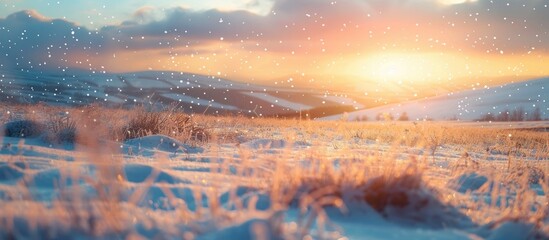 Serene SnowCovered Countryside Bathed in Breathtaking Sunset Bokeh Hues