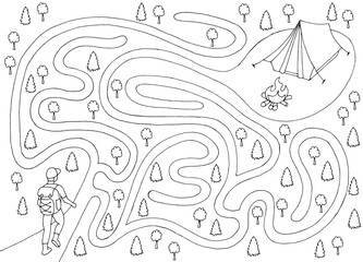 Camping maze graphic black white sketch illustration vector - 778823470