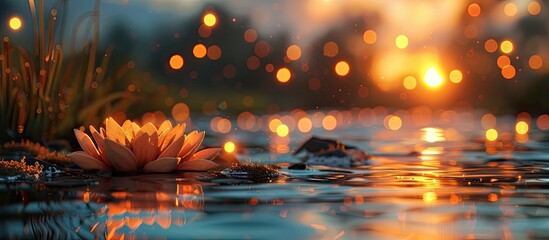 Tranquil D Clay Sunset with Reflecting Pond and Bokeh Lights - obrazy, fototapety, plakaty
