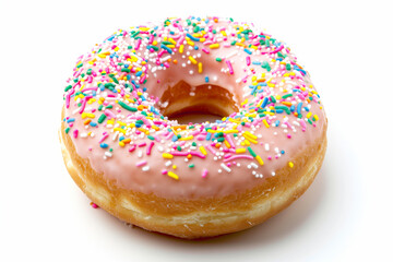 A tempting donut with pink icing and vibrant sprinkles offers a feast for the eyes