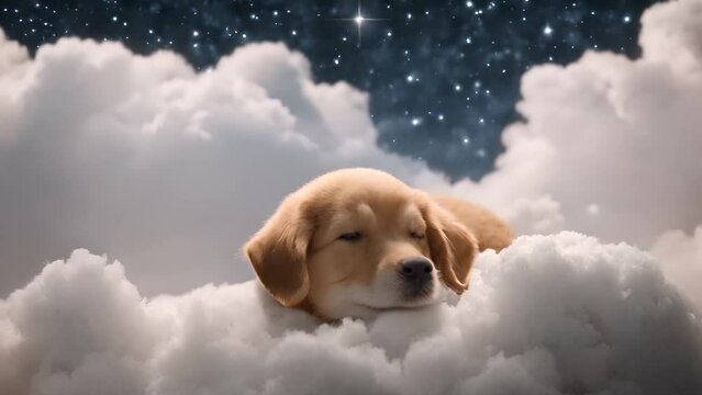 A little puppy sleeps peacefully on a soft cloud, surrounded by the starry sky that gently embraces him.