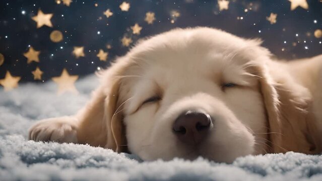A little puppy sleeps peacefully on a soft cloud, surrounded by the starry sky that gently embraces him.